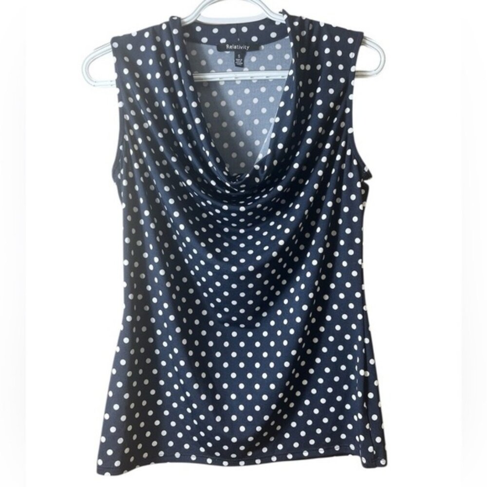 Navy Polka Dot Sleeveless Blouse by Relativity Drape Neck Small Office Career